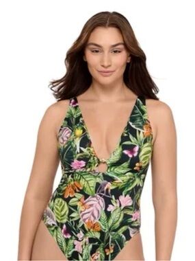 Sofia NWT Tropical Floral Plunge One-Piece Swimsuit - Black w Green & Pink Print